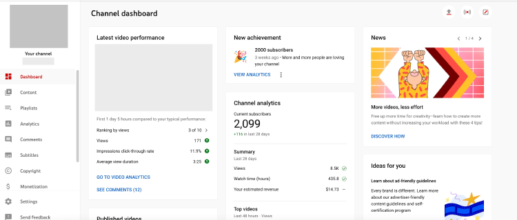 YouTube Studio home YouTube Studio home